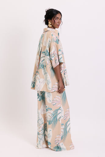 Blush Tropical Leaves Flared Pants