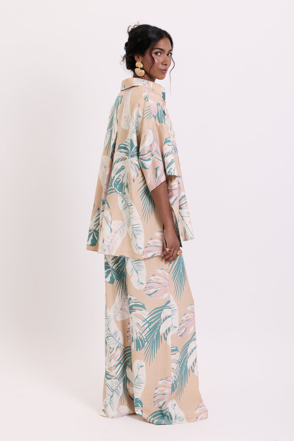 Blush Tropical Leaves Flared Pants