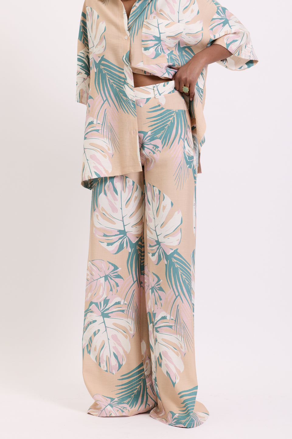 Blush Tropical Leaves Flared Pants
