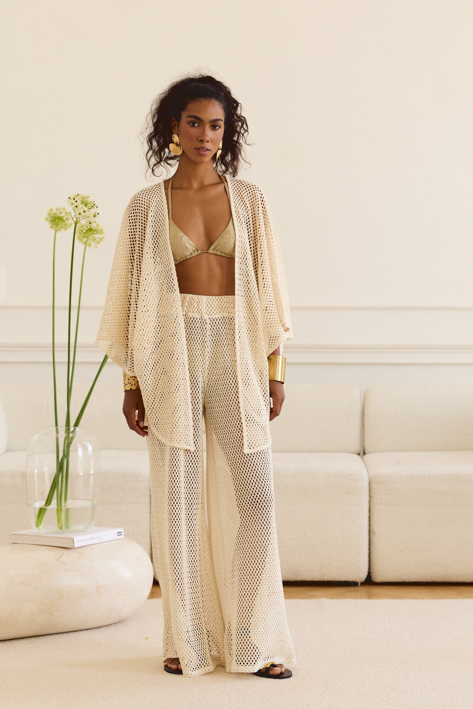Beige Lattice Maxi Pants