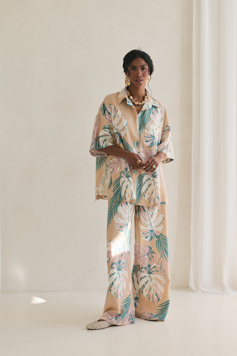 Blush Tropical Leaves Flared Pants