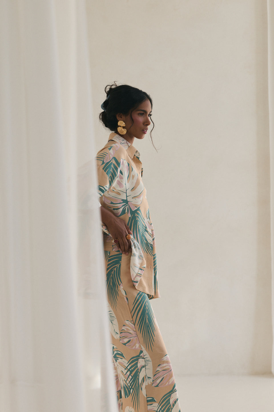 Blush Tropical Leaves Flared Pants