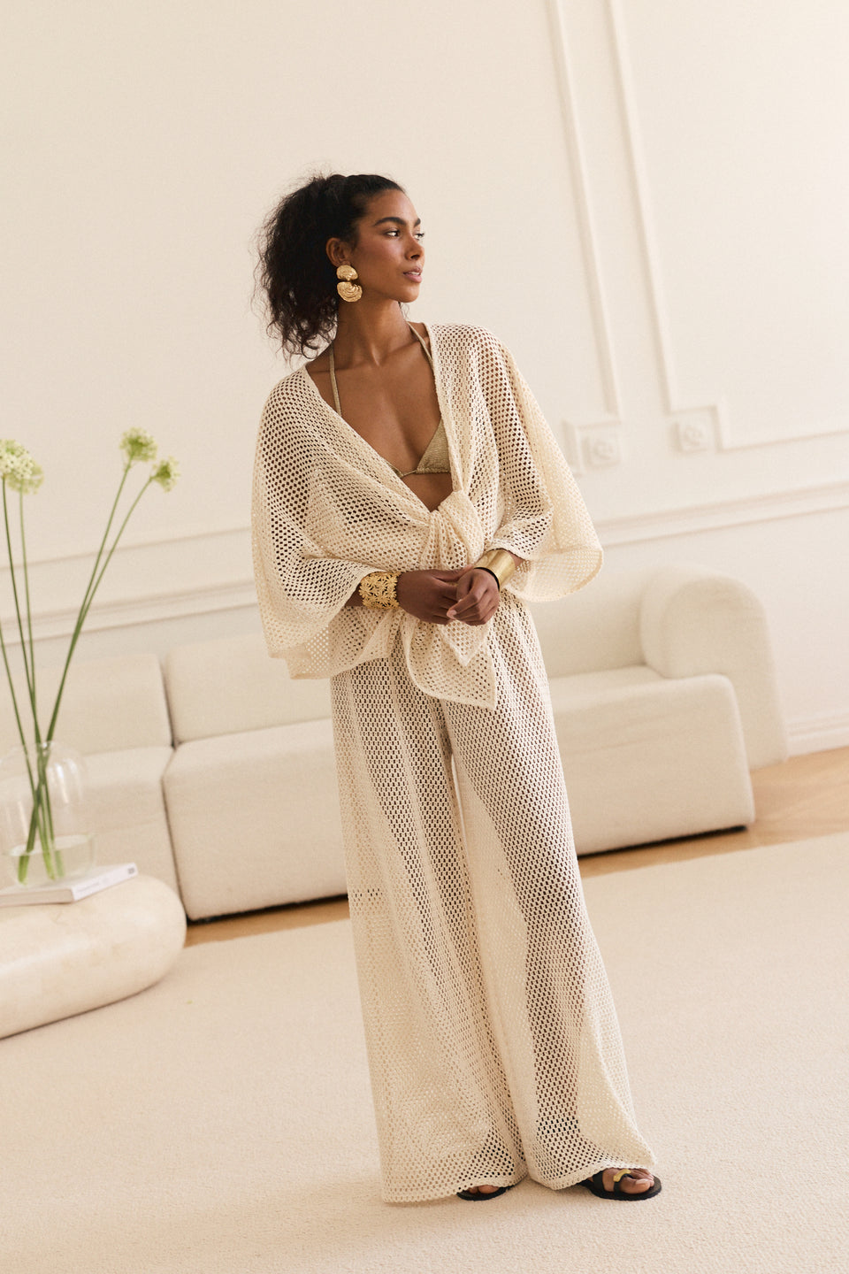 Beige Lattice Maxi Pants