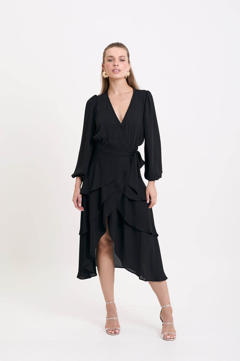 Black Asymmetric Freya Midi Dress
