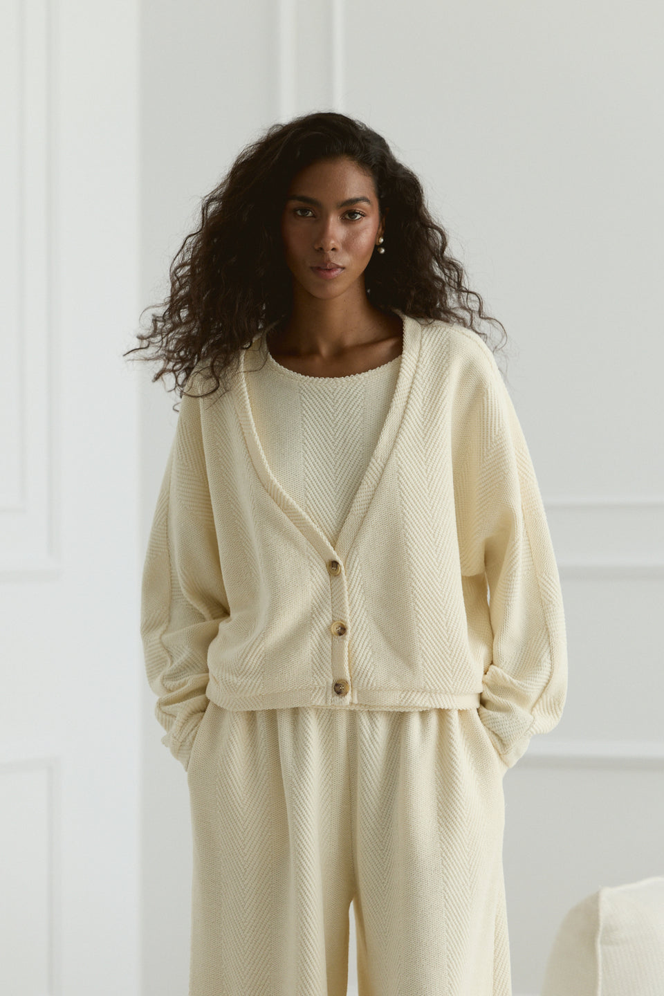 Creamy Chevron Open Cardigan